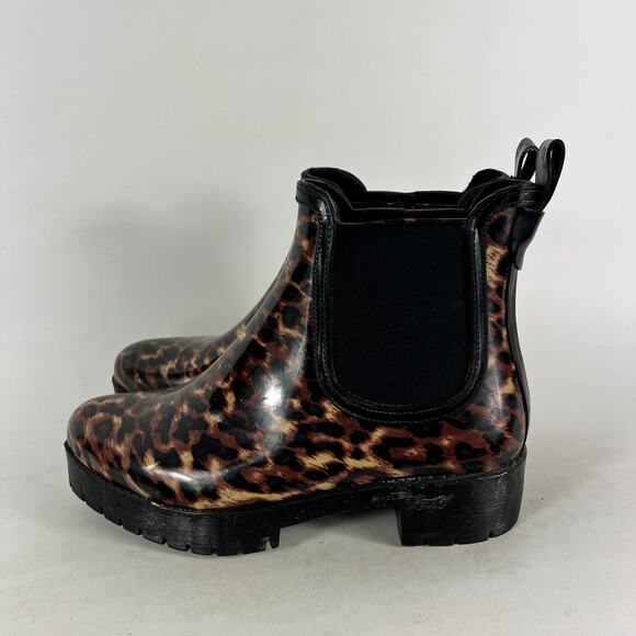 Jeffrey Campbell Chelsea Rain Boots Womens 8 Brown Black Leopard Print Pull On - Picture 5 of 10